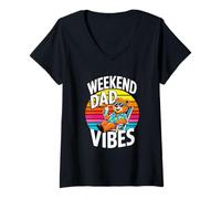 Women's Weekend Dad Vibes Cool Relaxed Retro Sunset Bear V-Neck T-Shirt