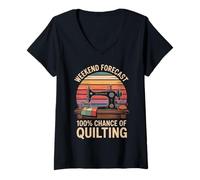 Womens Weekend Forecast 100% Chance Of Quilting Funny V-Neck T-Shirt