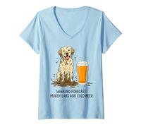 Women's Weekend Forecast Muddy Labs and Cold Beer V-Neck T-Shirt