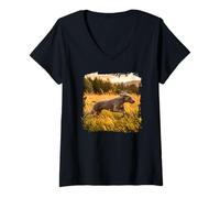 Women's Weimaraner Running Meadow Sunset Field Scene V-Neck T-Shirt