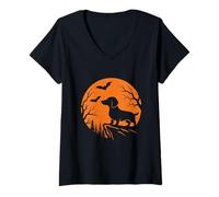 Womens Weiner Dog Moon - Spooky Halloween Dachshund Sausage Dog V-Neck T-Shirt