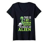Women's Weird Funny This is My Human Costume I'm Really an Alien V-Neck T-Shirt