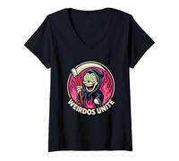 Women's Weirdos Unite Hypnotic Grim Reaper Pink Flames V-Neck T-Shirt