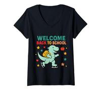 Womens Welcome back to school Happy 3 Rex Cute Dinosaur V-Neck T-Shirt
