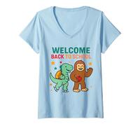 Womens Welcome back to school Happy Bigfoot Cute Dinosaur 3 Rex V-Neck T-Shirt