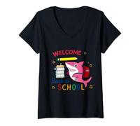 Womens Welcome back to school Happy Fish Cute Shark pink V-Neck T-Shirt
