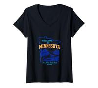Women's Welcome to Minnesota Vintage Travel State Outline Design V-Neck T-Shirt
