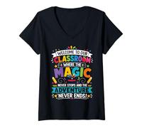 Women's Welcome to Our Classroom Where The Magic Never Stops V-Neck T-Shirt