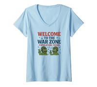 Womens Welcome to The War Zone - Population Frogs Parody V-Neck T-Shirt