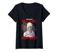 Womens Welcome to Your Nightmare Mummy Mask Halloween Fear V-Neck T-Shirt