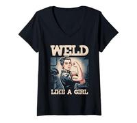 Womens Weld Like A Girl Try to Keep Up Welder Ironworker Welding V-Neck T-Shirt