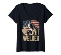 Womens Welder Welding with American Flag for Metal Worker V-Neck T-Shirt