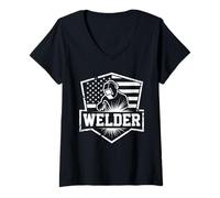 Womens Welder Welding with American Flag for Metal Worker V-Neck T-Shirt