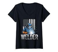 Womens Welding Dad Welder with American Flag for Metal Worker V-Neck T-Shirt