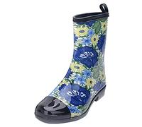 Women's Wellington Boots, Rain Shoes, Women's Ankle Boots with Heel, Fashion Punk Outdoor Slip-On Boots, Low Heel, Versatile Doodling Boots, Outdoor Camping and Hiking Shoes, blue, 7 UK