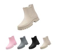 Women's Wellington Rain Boots, Comfortable Elastic Ankle Chelsea Boots, Waterproof Non-Slip Chunky Platform Lug Sole Short Garden Boots with Comfort Insole White