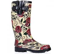 Womens Wellingtons Skull & Roses Festival Adjustable Rubber Tall Calf Ladies Riding Walking Comfort Boots (Yellow, uk_footwear_size_system, adult, women, numeric, medium, numeric_8)