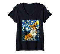 Women's Welsh Corgis Dog Van Gogh Starry Night Graphic V-Neck T-Shirt
