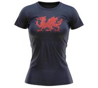 Womens Welsh Dragon T Shirt Ladies Red Glitter Y Ddraig Goch Tee Saint David's Day Cymru Wales Top, M, Navy