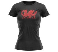 Womens Welsh Dragon T Shirt Ladies Red Glitter Y Ddraig Goch Tee Saint David's Day Cymru Wales Top, XXL, Black