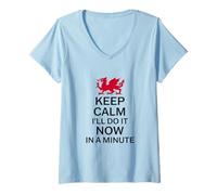 Womens Welsh Pride - Keep Calm I'll Do It Now in A Minute V-Neck T-Shirt