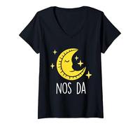 Women's Welsh Pyjama Bed Time Nos Da Good Night Wales V-Neck T-Shirt, Black, XX-Large