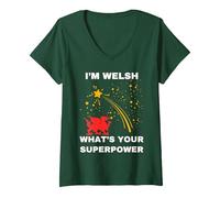 Women's Welsh Red Dragon Proud to Be Welsh V-Neck T-Shirt, Dark Green, Small