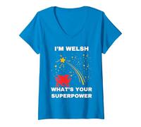 Women's Welsh Red Dragon Proud to Be Welsh V-Neck T-Shirt, Sapphire Blue, Medium