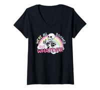 Womens We're All Doomed But Whatever Skeleton Rainbow Funny Humor V-Neck T-Shirt