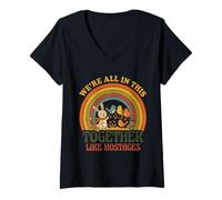 Women's We're All This Together Like Hostages Bunny Birds Retro 3 V-Neck T-Shirt