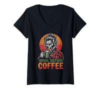 Womens Werewolf Drinking Coffee with Sunset Scary Halloween V-Neck T-Shirt