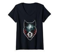 Womens Werewolf in Forest Silhouette Full Moon Eyes Halloween V-Neck T-Shirt