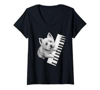 Womens West Highland White Terrier Playing Piano Pianist Dog Lover V-Neck T-Shirt