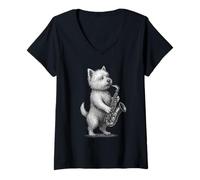 Womens West Highland White Terrier Playing Saxophone Jazz Music Dog V-Neck T-Shirt
