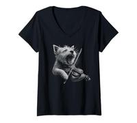 Womens West Highland White Terrier Playing Violin Violinist Dog V-Neck T-Shirt