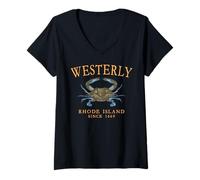 Women's Westerly Rhode Island Crab Town Since 1669 Orange Letters V-Neck T-Shirt