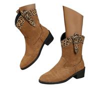 Women's Western Ankle Boots Suede with Leopard Print Buckle Detail, Block Heel Short Cowgirl Boots for Women, Fashion Comfortable Mid Heel Shoes Ideal for Casual Daily, Party, Evening Wear