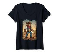 Womens Western Bigfoot Cowboy Funny Cryptid Desert Drawing V-Neck T-Shirt