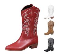 Womens Western Boots Mid Calf, Cowboy Boots For Women, PU Leather Block Heel Riding Shoes,Plus Size Cowgirl Footwear with Embroidered Stitching, Country Wedding Party Shoes for Autumn Winter