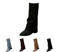 Womens Western Boots Mid Calf Suede Knee High Boots Womens Mid Heel Riding Booties Low Block Pointed Toe Boot Tall Block-Heeled Boot Fashion Fall Long Booties Retro Cowgirl Bootie