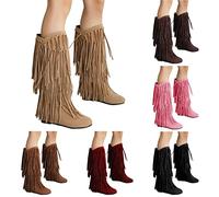 Women's Western Boots with Fringe Boots PU Leather Half Height Fringe Boots Flock Winter Boots Fashion Slip-On Boots Comfort Women's Boots Plain Mid Tube Boots with Heel Cowboy Boots, brown, 6 UK