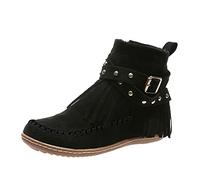 Women's Western Boots with Fringes: Ankle Boots Women's Elegant Double Stitched Moccasins with Buckles Short Shaft Ankle Boots Non-Slip Rubber Soles Vintage Short Boots Suede Boots Cowboy Boots, black