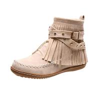 Women's Western Boots with Fringes: Ankle Boots Women's Elegant Double Stitched Moccasins with Buckles Short Shaft Ankle Boots Non-Slip Rubber Soles Vintage Short Boots Suede Boots Cowboy Boots, beige