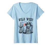 Women's Western Cat Desert Landscape Retro Graphic V-Neck T-Shirt