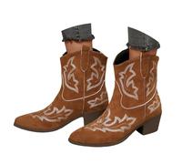 Women's Western Cowboy Ankle Boots - Embroidered Suede Household Short Boots with Pointed Toe, Mid Heel, Non - Slip Sole, Comfortable for Home Daily Wear, Ideal for Indoor & Casual Outdoor Use
