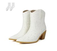 Women's Western Cowboy Ankle Boots, Fashionable Mid-Calf Boots with Beads & Glitter, Comfortable Block Heel And Non-Slip Sole, Elegant Autumn Winter Boots for Everyday Wear,White,6.5 UK
