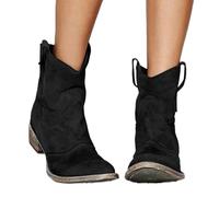 Women's Western Cowboy Ankle Boots Low Heel Mid Calf Boots with Pull-Up Tabs Slip On Round Toe Chunky Heel Retro Classic Booties Faux Suede Back Zipper Fall Short Ankle Booties