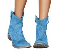 Women's Western Cowboy Ankle Boots Low Heel Mid Calf Boots with Pull-Up Tabs Slip On Round Toe Chunky Heel Retro Classic Booties Faux Suede Back Zipper Fall Short Ankle Booties