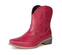 Womens Western Cowboy boots Ankle Boots Low Chunky Pointed Toe Shoes Cowgirl PU Leathter Boots Red UK 4