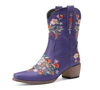 Women's Western Cowboy Boots Floral Embroidery Black Leather Mid Calf Thick Stacked Heel Classic Country Style Fall Winter Travel Festival Daily,Purple,7 UK
